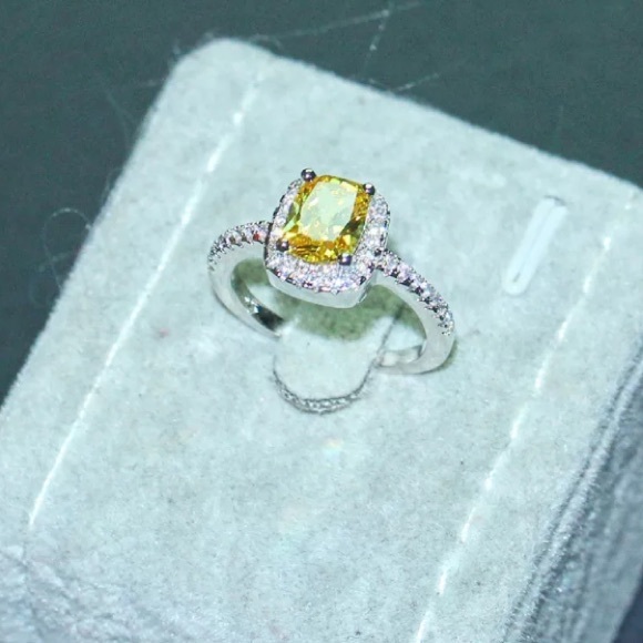 Citrine Rectangular Diamond Halo Silver Ring - Picture 3 of 7